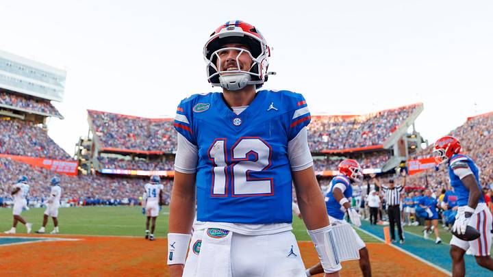 Sep 26, 2026; Gainesville, Florida, USA; Florida Gators quarterback Aaron Philo (12) celebrates against the Mississippi Rebels during the second half at Ben Hill Griffin Stadium. Mandatory Credit: Matt Pendleton-Imagn Images