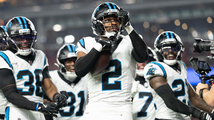 November 24, 2025; Santa Clara, California, USA; Carolina Panthers cornerback Mike Jackson (2) during the second quarter against the San Francisco 49ers at Levi's Stadium. Mandatory Credit: Kyle Terada-Imagn Images