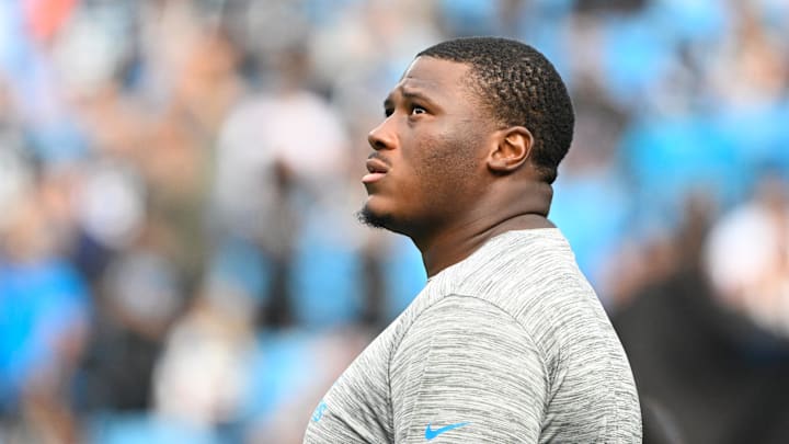 Aug 8, 2025; Charlotte, North Carolina, USA;  Carolina Panthers defensive end Derrick Brown (95) on the field before the game at Bank of America Stadium. Mandatory Credit: Bob Donnan-Imagn Images