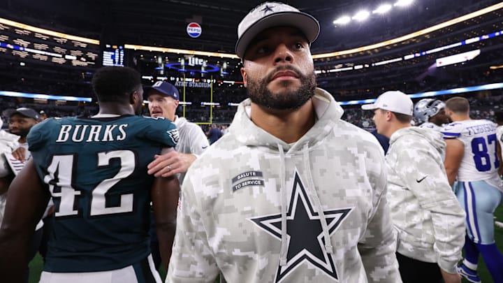 Dallas Cowboys' Dak Prescott in street clothes