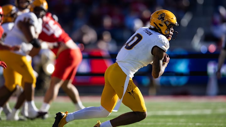 Nov 30, 2024; Tucson, Arizona, USA; Arizona State Sun Devils wide receiver Jordyn Tyson (0) against the Arizona Wildcats during the Territorial Cup at Arizona Stadium. Mandatory Credit: Mark J. Rebilas-Imagn Images
