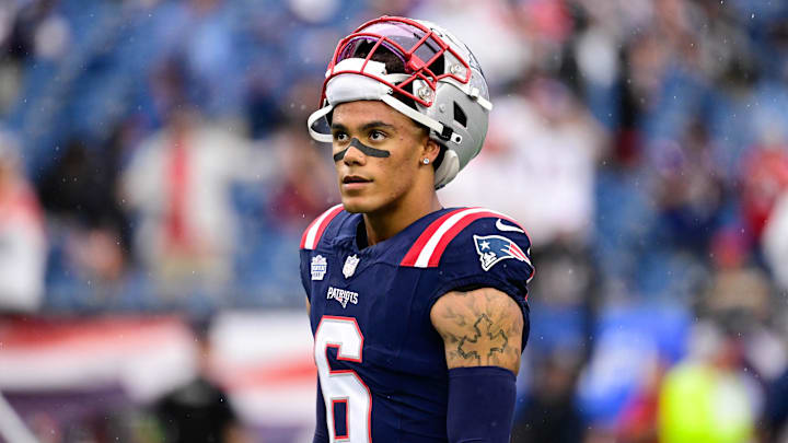 Sep 10, 2023; Foxborough, Massachusetts, USA; New England Patriots cornerback Christian Gonzalez (6)