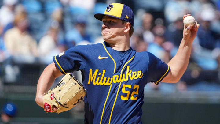 Apr 5, 2026; Kansas City, Missouri, USA; Milwaukee Brewers starting pitcher Kyle Harrison (52) delivers a pitch against the Milwaukee Brewers during the first inning at Kauffman Stadium. Mandatory Credit: Denny Medley-Imagn Images