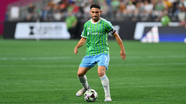 Aug 4, 2024; Seattle, Washington, USA; Seattle Sounders FC midfielder Cristian Roldan (7) plays the ball during the second half against Necaxa at Lumen Field. Mandatory Credit: Steven Bisig-USA TODAY Sports