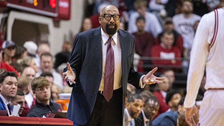 Indiana Hoosiers head coach Mike Woodson gestures during the second half against the UNC-Greensboro Spartans at Simon Skjodt Assembly Hall.