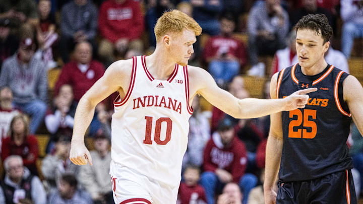 Indiana Hoosiers forward Luke Goode (10) celebrates a made basket  in the second half against the Sam Houston State Bearkats  at Simon Skjodt Assembly Hall.