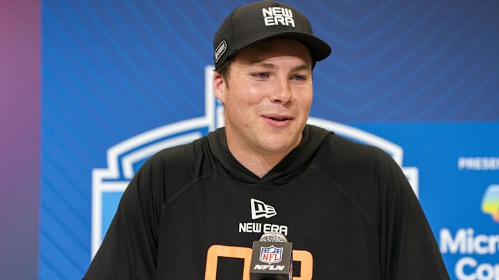 Feb 28, 2025; Indianapolis, IN, USA; Notre Dame quarterback Riley Leonard (QB08) talks to the press during the 2025 NFL Combine at Indiana Convention Center. Mandatory Credit: Stephanie Amador Blondet-Imagn Images Feb 28, 2025; Indianapolis, IN, USA; Notre Dame quarterback Riley Leonard (QB08) talks to the press during the 2025 NFL Combine at Indiana Convention Center. Mandatory Credit: Stephanie Amador Blondet-Imagn Images