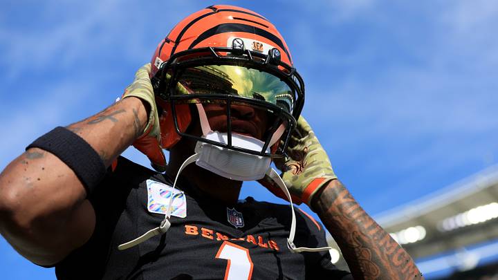 Cincinnati Bengals wide receiver Ja'Marr Chase (1) looks on during warmups before the game against the Jacksonville Jaguars at Paycor Stadium.  Mandatory Credit: Katie Stratman-Imagn Images