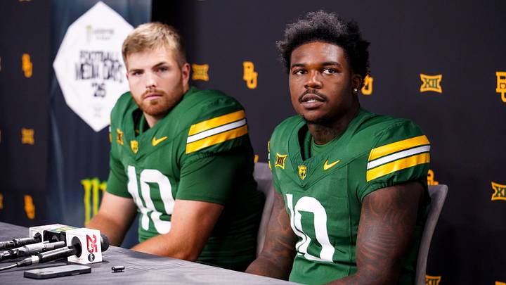 Jul 7, 2026; Frisco, TX, USA;  Baylor defensive end Kyler Jordan and  linebacker Kyland Reed take questions from reporters during Big 12 Conference Football Media Days at The Star. Mandatory Credit: Raymond Carlin III