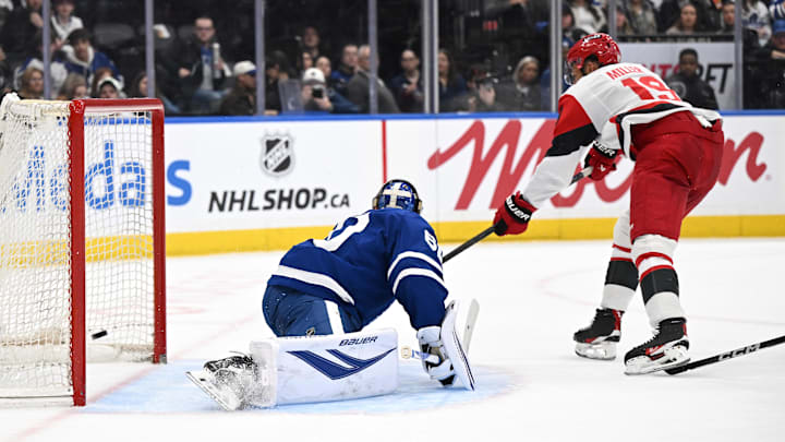 Mar 20, 2026; Toronto, Ontario, CAN; Carolina Hurricanes defenseman K'Andre Miller (19) scores a goal past Toronto Maple Leafs goalie Joseph Woll (60) in the second period at Scotiabank Arena. Mandatory Credit: Dan Hamilton-Imagn Images Mar 20, 2026; Toronto, Ontario, CAN; Carolina Hurricanes defenseman K'Andre Miller (19) scores a goal past Toronto Maple Leafs goalie Joseph Woll (60) in the second period at Scotiabank Arena. Mandatory Credit: Dan Hamilton-Imagn Images