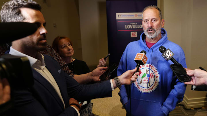 Torey Lovullo, Diamondbacks manager, speaks to the media during Cactus League media day at the Arizona Biltmore on Feb. 18, 2025, in Phoenix.
