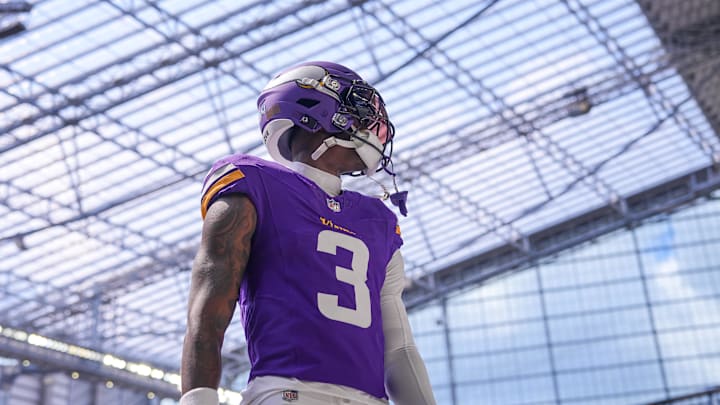 Aug 10, 2024; Minneapolis, Minnesota, USA; Minnesota Vikings wide receiver Jordan Addison (3) warms up before the game against the Las Vegas Raiders at U.S. Bank Stadium. Mandatory Credit: Brad Rempel-Imagn Images Aug 10, 2024; Minneapolis, Minnesota, USA; Minnesota Vikings wide receiver Jordan Addison (3) warms up before the game against the Las Vegas Raiders at U.S. Bank Stadium. Mandatory Credit: Brad Rempel-Imagn Images