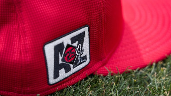 The Cactus League spring training patch on a Cincinnati Reds hat at the Cincinnati Reds Player Development Complex in Goodyear, Ariz., on  Thursday, Feb. 13, 2025. Mandatory Credit: Sam Greene/USA TODAY NETWORK via Imagn Images