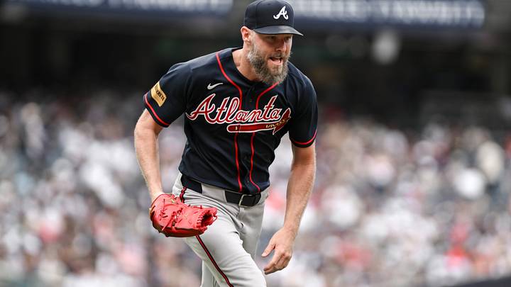 Aug 8, 2026; Bronx, New York, USA; Atlanta Braves pitcher Chris Sale (51) fields a ground ball hit by New York Yankees third baseman Amed Rosario (not pictured) and races to first base for the force out during the second inning at Yankee Stadium. Mandatory Credit: John Jones-Imagn Images