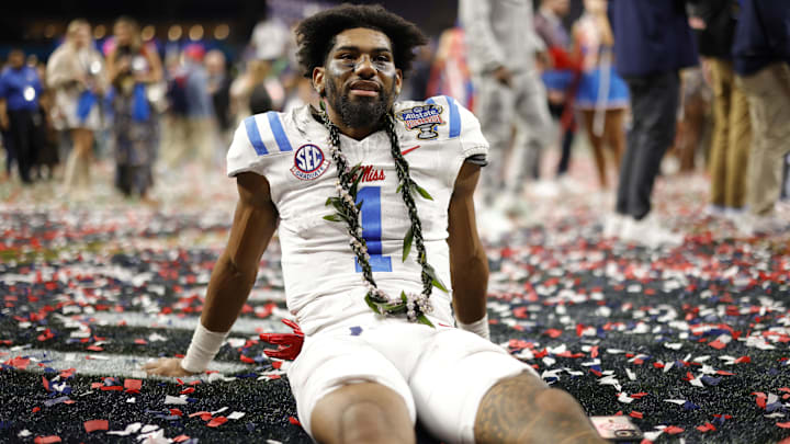 Jan 1, 2026; New Orleans, LA, USA; Mississippi Rebels wide receiver De'Zhaun Stribling (1) celebrates on the field after defeating the Georgia Bulldogs during the 2026 Sugar Bowl and quarterfinal game of the College Football Playoff at Caesars Superdome. Mandatory Credit: Amber Searls-Imagn Images