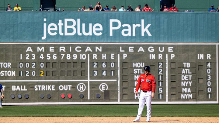 Feb 23, 2025; Fort Myers, Florida, USA; Boston Red Sox infielder Alex Bregman (2) takes a lead off second base after hitting a double in the fourth inning of their game against the Toronto Blue Jays at JetBlue Park at Fenway South. Mandatory Credit: Chris Tilley-Imagn Images Feb 23, 2025; Fort Myers, Florida, USA; Boston Red Sox infielder Alex Bregman (2) takes a lead off second base after hitting a double in the fourth inning of their game against the Toronto Blue Jays at JetBlue Park at Fenway South. Mandatory Credit: Chris Tilley-Imagn Images