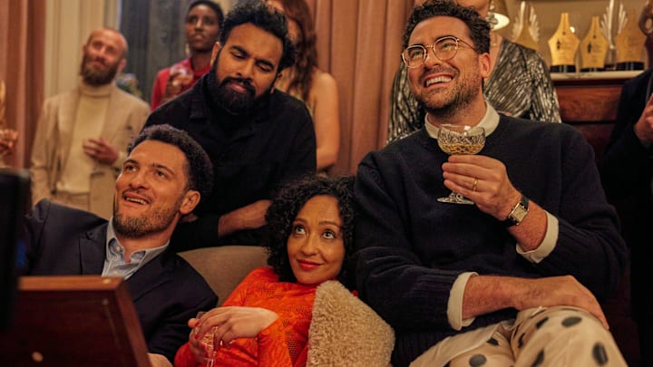 Good Grief. (L to R) Jamael Westman as Terrance, Himesh Patel as Thomas, Ruth Negga as Sophie and Daniel Levy (writer/director/producer) stars as Marc and in Good Grief. Cr. Credit: Chris Baker / Netflix © 2023.