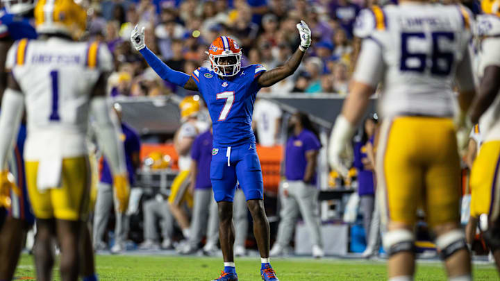 Florida Gators defensive back Trikweze Bridges gestures against the LSU Tigers during the second half at Ben Hill Griffin Stadium. 