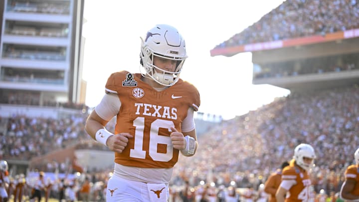 Dec 21, 2024; Austin, Texas, USA; Texas Longhorns quarterback Arch Manning (16) takes the field before the game between the Texas Longhorns and the Clemson Tigers in the CFP National Playoff First Round at Darrell K Royal-Texas Memorial Stadium. Mandatory Credit: Jerome Miron-Imagn Images
