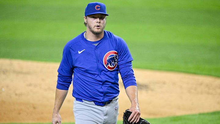 Mar 28, 2024; Arlington, Texas, USA; Chicago Cubs starting pitcher Justin Steele (35) Mar 28, 2024; Arlington, Texas, USA; Chicago Cubs starting pitcher Justin Steele (35)
