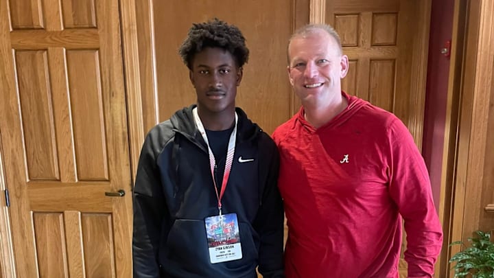 4-Star 2026 cornerback Zyan Gibson with Alabama head coach Kalen DeBoer