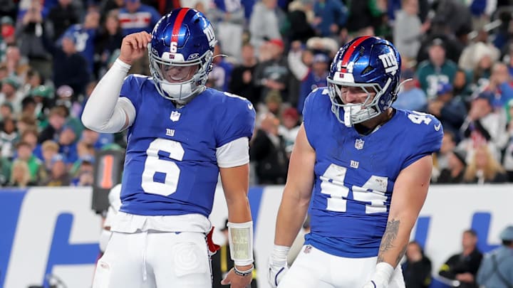 Oct 9, 2025; East Rutherford, New Jersey, USA; New York Giants quarterback Jaxson Dart (6) and running back Cam Skattebo (44) celebrate Skattebo's touchdown against the Philadelphia Eagles during the second quarter at MetLife Stadium.  