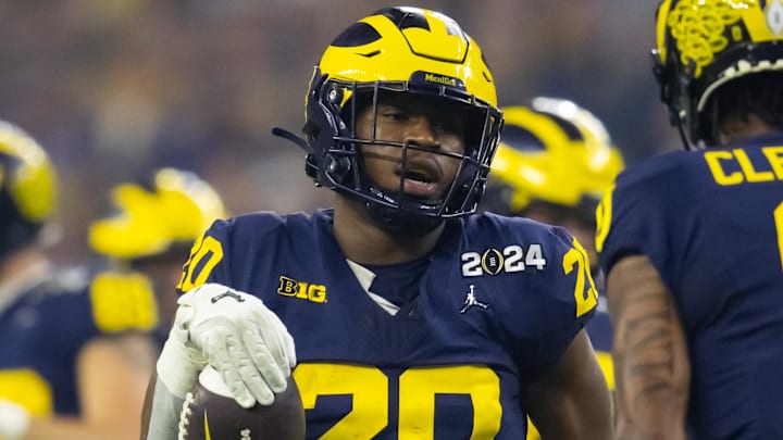Jan 8, 2024; Houston, TX, USA; Michigan Wolverines running back Kalel Mullings (20) against the Washington Huskies during the 2024 College Football Playoff national championship game at NRG Stadium. Mandatory Credit: Mark J. Rebilas-Imagn Images Jan 8, 2024; Houston, TX, USA; Michigan Wolverines running back Kalel Mullings (20) against the Washington Huskies during the 2024 College Football Playoff national championship game at NRG Stadium. Mandatory Credit: Mark J. Rebilas-Imagn Images