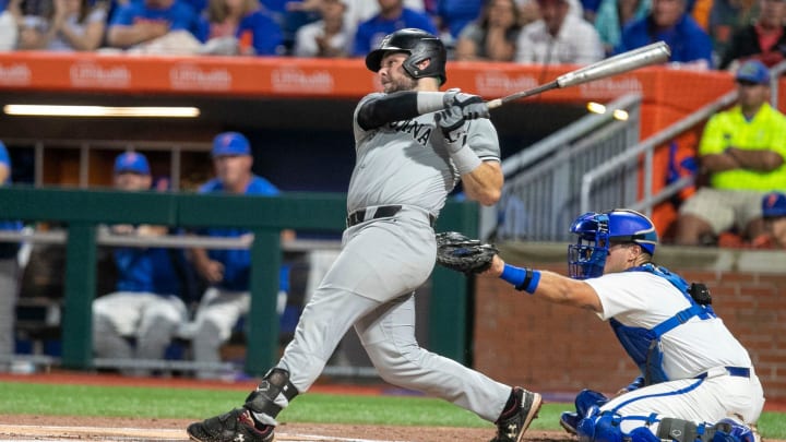Gamecocks catcher Cole Messina (19) with a base hit in the top of the first inning in Game 1 of NCAA Gamecocks catcher Cole Messina (19) with a base hit in the top of the first inning in Game 1 of NCAA