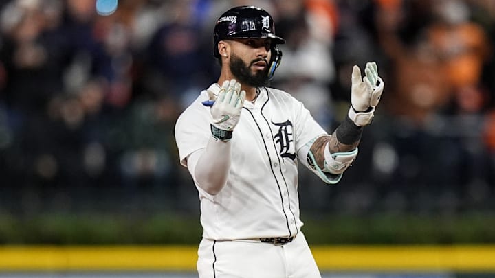 Tigers second baseman Gleyber Torres bats a double against Mariners during the third inning of ALDS Game 3 at Comerica Park in Detroit on Tuesday, Oct. 7, 2025.