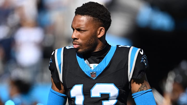 Nov 19, 2023; Charlotte, North Carolina, USA;  Carolina Panthers cornerback Troy Hill (13) before the game at Bank of America Stadium. Mandatory Credit: Bob Donnan-Imagn Images