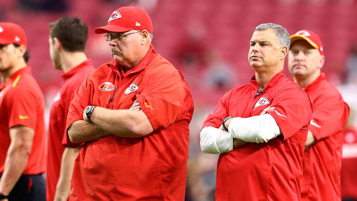 Dec 7, 2014; Glendale, AZ, USA; Kansas City Chiefs head coach Andy Reid (left) and head athletic trainer Rick Burkholder against the Arizona Cardinals at University of Phoenix Stadium. The Cardinals defeated the Chiefs 17-14. Mandatory Credit: Mark J. Rebilas-Imagn Images Dec 7, 2014; Glendale, AZ, USA; Kansas City Chiefs head coach Andy Reid (left) and head athletic trainer Rick Burkholder against the Arizona Cardinals at University of Phoenix Stadium. The Cardinals defeated the Chiefs 17-14. Mandatory Credit: Mark J. Rebilas-Imagn Images
