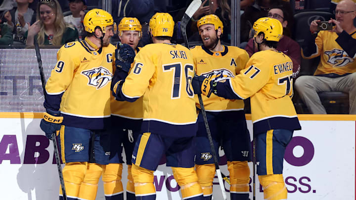 Apr 11, 2026; Nashville, Tennessee, USA; The Nashville Predators celebrate a goal by Nashville Predators center Steven Stamkos (91) during the first period of their game against the Minnesota Wild at Bridgestone Arena. Mandatory Credit: Alan Poizner-Imagn Images Apr 11, 2026; Nashville, Tennessee, USA; The Nashville Predators celebrate a goal by Nashville Predators center Steven Stamkos (91) during the first period of their game against the Minnesota Wild at Bridgestone Arena. Mandatory Credit: Alan Poizner-Imagn Images