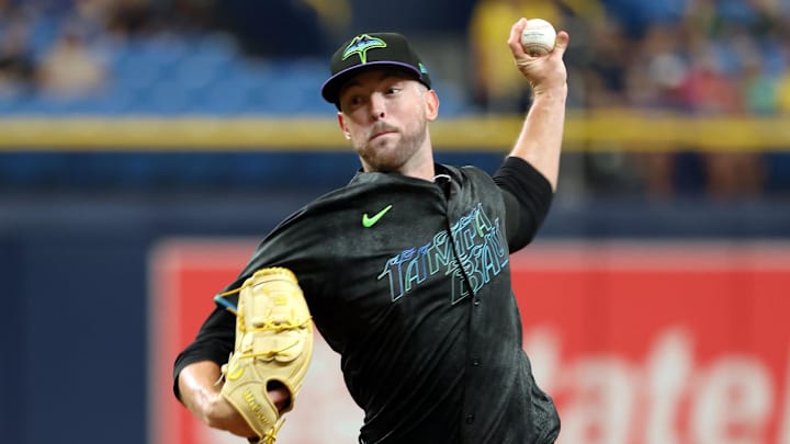 Aug 17, 2024; St. Petersburg, Florida, USA; Tampa Bay Rays starting pitcher Jeffrey Springs (59) throws a pitch against the Arizona Diamondbacks during the first inning at Tropicana Field. Mandatory Credit: Kim Klement Neitzel-Imagn Images