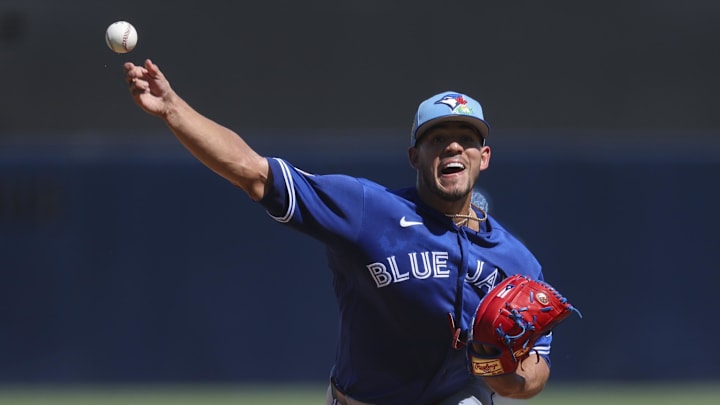 Feb 28, 2026; Tampa, Florida, USA; Toronto Blue Jays starting pitcher Jose Berrios (17) throws a pitch against the New York Yankees in the second inning during spring training at George M. Steinbrenner Field. Mandatory Credit: Nathan Ray Seebeck-Imagn Images