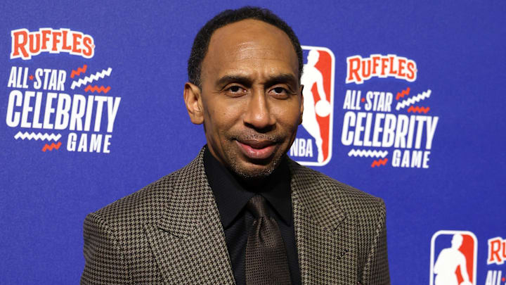 Feb 16, 2024; Indianapolis, IN, USA; Team Stephen A coach Stephen A. Smith on on the red carpet before the All Star Celebrity Game at Lucas Oil Stadium. Mandatory Credit: Trevor Ruszkowski-Imagn Images
