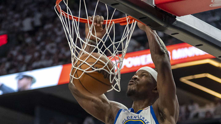 May 14, 2025; Minneapolis, Minnesota, USA; Golden State Warriors forward Jimmy Butler III (10) dunks the ball against the Minnesota Timberwolves in the second half during game five of the second round for the 2025 NBA Playoffs at Target Center. Mandatory Credit: Jesse Johnson-Imagn Images May 14, 2025; Minneapolis, Minnesota, USA; Golden State Warriors forward Jimmy Butler III (10) dunks the ball against the Minnesota Timberwolves in the second half during game five of the second round for the 2025 NBA Playoffs at Target Center. Mandatory Credit: Jesse Johnson-Imagn Images