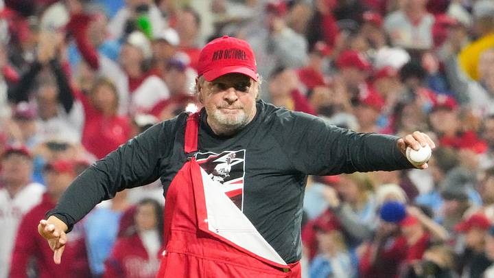 Former Philadelphia Phillies player John Kruk throws the ceremonial first pitch before game seven of the NLCS at Citizens Bank Park in Philadelphia on Oct. 24, 2023. Former Philadelphia Phillies player John Kruk throws the ceremonial first pitch before game seven of the NLCS at Citizens Bank Park in Philadelphia on Oct. 24, 2023.