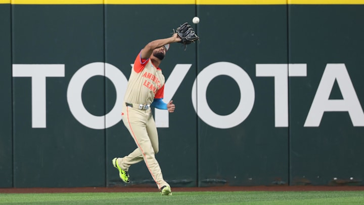 Jul 16, 2024; Arlington, Texas, USA; American League left fielder Riley Greene of the Detroit Tigers (31) makes a catch in the fifth inning during the 2024 MLB All-Star game at Globe Life Field. Jul 16, 2024; Arlington, Texas, USA; American League left fielder Riley Greene of the Detroit Tigers (31) makes a catch in the fifth inning during the 2024 MLB All-Star game at Globe Life Field.