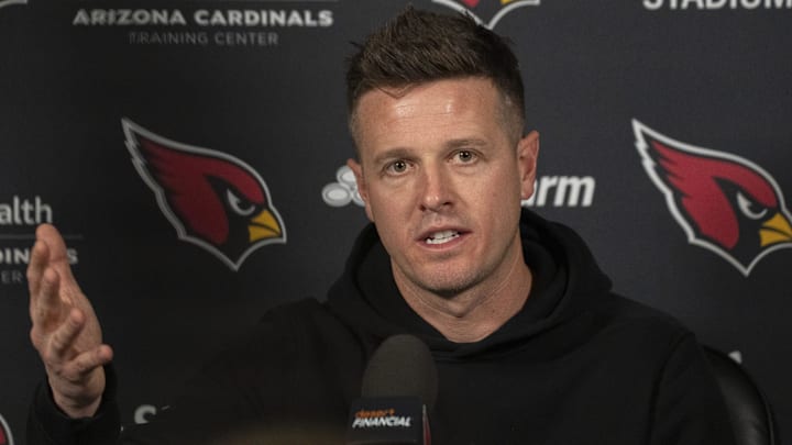 Mike LaFleur (head coach) answers questions during a news conference at the Arizona Cardinals training facility in Tempe on Feb. 18, 2026.
