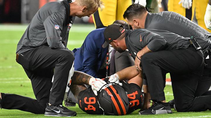 Oct 1, 2026; Cleveland, Ohio, USA;  Cleveland Browns medical staff tend to Cleveland Browns defensive tackle Mason Graham (94) on the field in the first half at Huntington Bank Field.  Mandatory Credit: Ken Blaze-Imagn Images