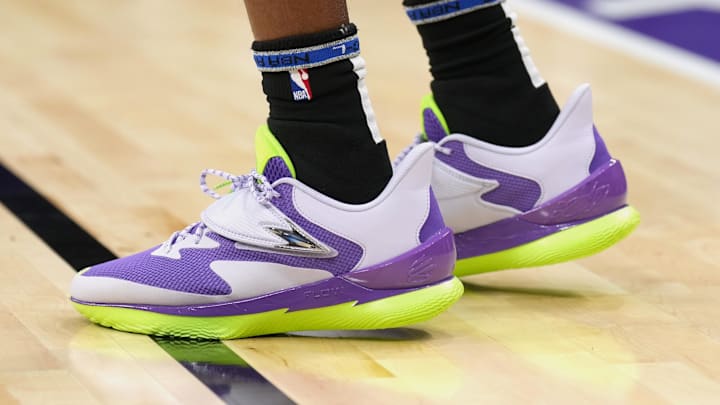 Nov 24, 2024; Sacramento, California, USA; The shoes of Sacramento Kings guard De'Aaron Fox (5) before the game against the Brooklyn Nets at Golden 1 Center. Nov 24, 2024; Sacramento, California, USA; The shoes of Sacramento Kings guard De'Aaron Fox (5) before the game against the Brooklyn Nets at Golden 1 Center.