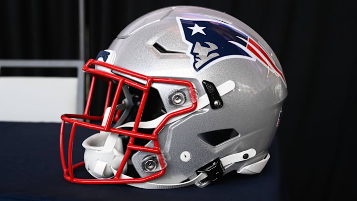 Jan 17, 2024; Foxborough, MA, USA; A New England Patriots helmet sits on a table at Gillette Stadium. Mandatory Credit: Eric Canha-Imagn Images