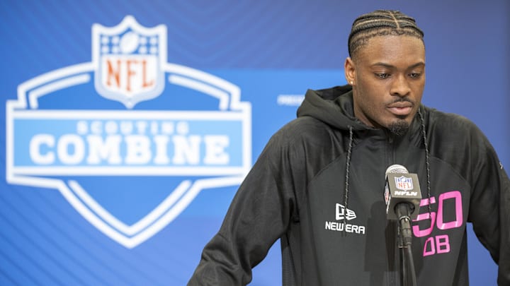 Feb 27, 2025; Indianapolis, IN, USA; Georgia defensive back Malaki Starks (DB50) during the 2025 NFL Combine at Lucas Oil Stadium. Mandatory Credit: Tanner Pearson-Imagn Images