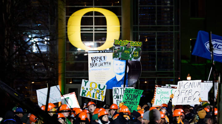 Duck fans flock to the set of ESPN’s College GameDay on the campus of the University of Oregon on Nov. 22, 2025, in Eugene, Oregon.