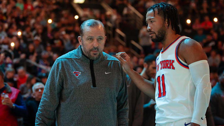 Nov 20, 2022; Phoenix, Arizona, USA; New York Knicks head coach Tom Thibodeau with guard Jalen Brunson (11) against the Phoenix Suns at Footprint Center. Mandatory Credit: Mark J. Rebilas-Imagn Images