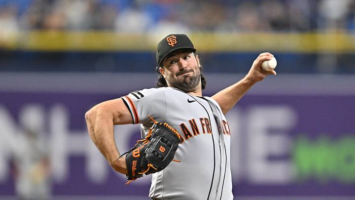 May 1, 2026; St. Petersburg, Florida, USA; San Francisco Giants pitcher Robbie Ray (38) throws a pitch during the first inning against Tampa Bay Rays at Tropicana Field. Mandatory Credit: Pablo Robles-Imagn Images