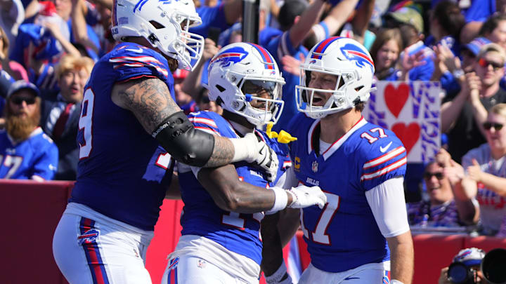 Oct 1, 2023; Orchard Park, New York, USA; Buffalo Bills quarterback Josh Allen (17) and Buffalo