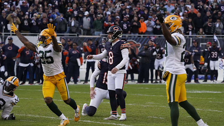 Nov 17, 2024; Chicago, Illinois, USA; Chicago Bears place kicker Cairo Santos (8) has his field goal blocked at the end of the game as the Green Bay Packers celebrate at Soldier Field. Nov 17, 2024; Chicago, Illinois, USA; Chicago Bears place kicker Cairo Santos (8) has his field goal blocked at the end of the game as the Green Bay Packers celebrate at Soldier Field.