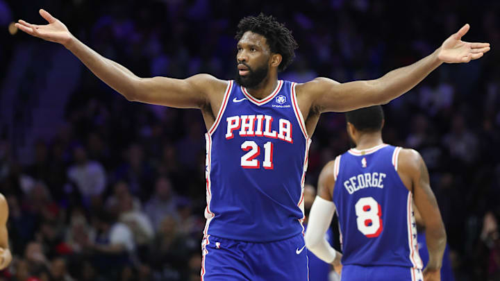 Jan 14, 2026; Philadelphia, Pennsylvania, USA; Philadelphia 76ers center Joel Embiid (21) reacts after his three pointer against the Cleveland Cavaliers during the third quarter at Xfinity Mobile Arena. Mandatory Credit: Bill Streicher-Imagn Images