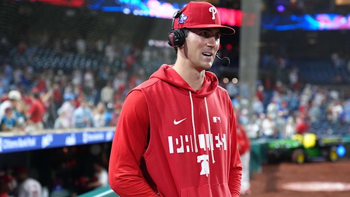 Mar 31, 2026; Philadelphia, Pennsylvania, USA; Philadelphia Phillies starting pitcher Andrew Painter (24) responds to interview questions after the game against the Washington Nationals at Citizens Bank Park.